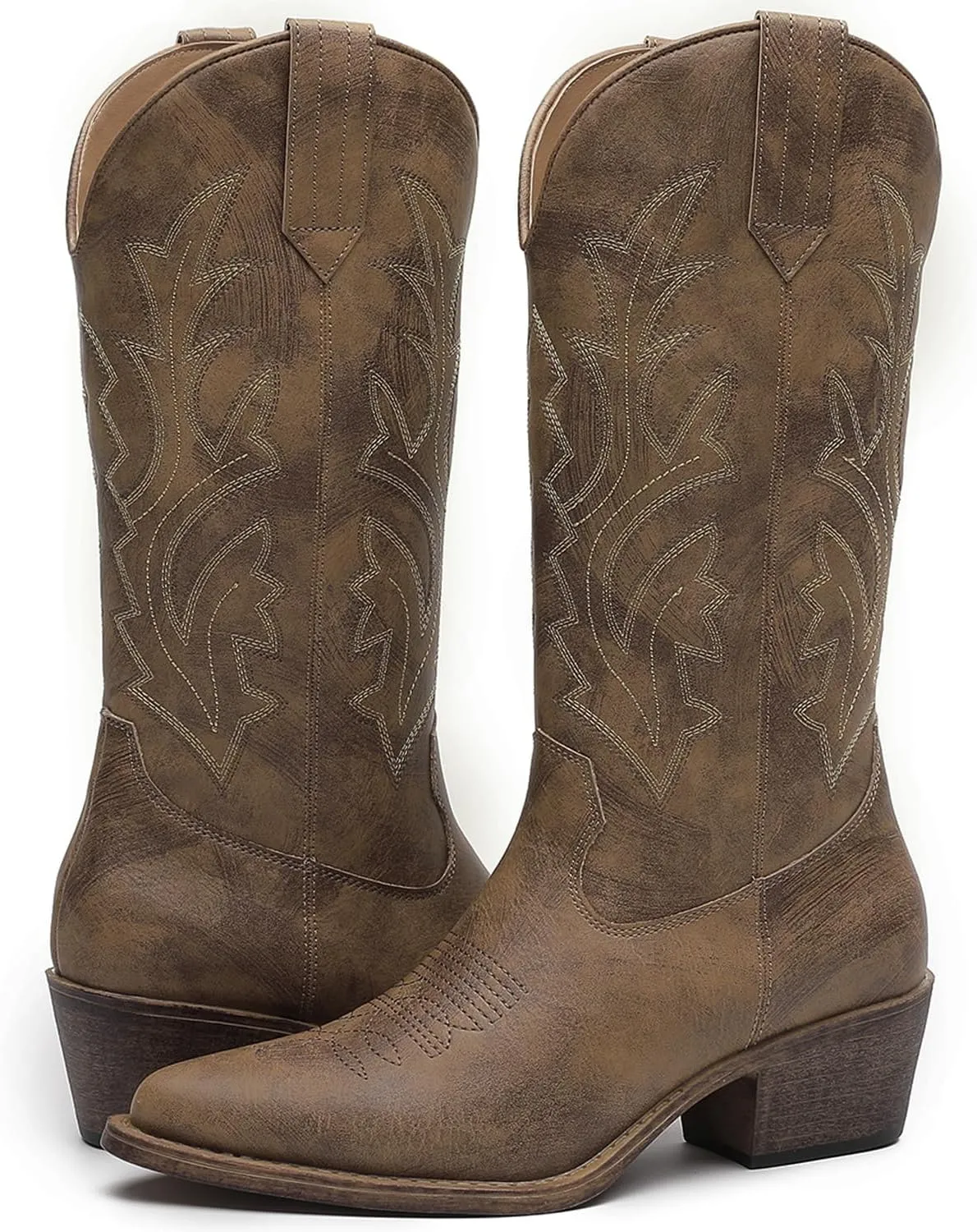 GLOBALWIN Women's Mid Calf Western Cowboy Boots Cowgirl Boots for Women with Floral Embroidery Side Zipper Chunky Heel
