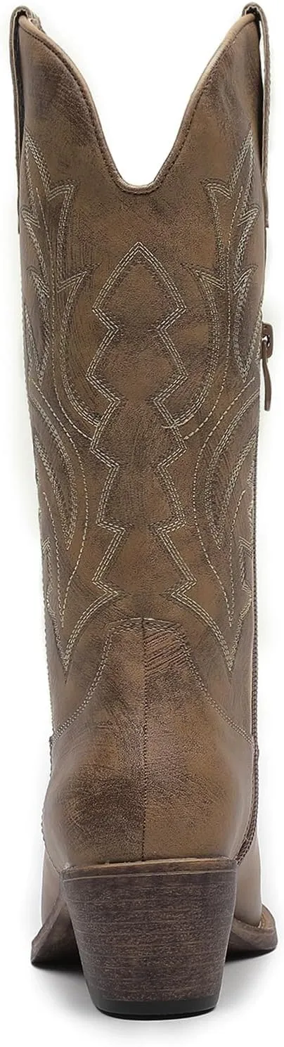 GLOBALWIN Women's Mid Calf Western Cowboy Boots Cowgirl Boots for Women with Floral Embroidery Side Zipper Chunky Heel