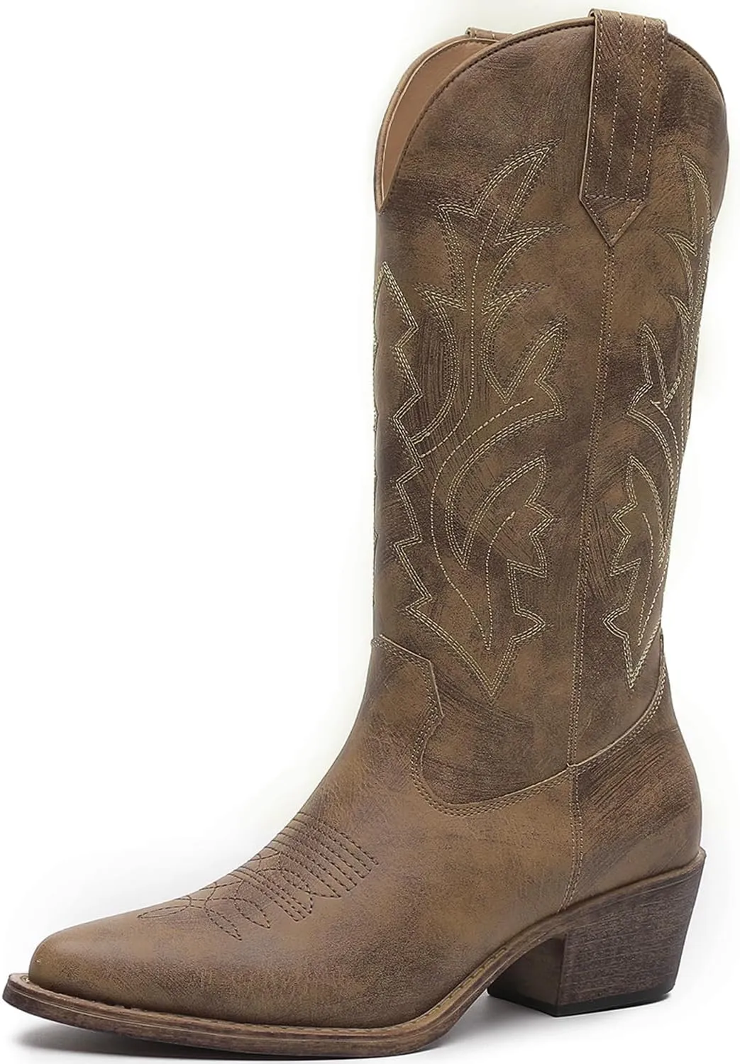 GLOBALWIN Women's Mid Calf Western Cowboy Boots Cowgirl Boots for Women with Floral Embroidery Side Zipper Chunky Heel