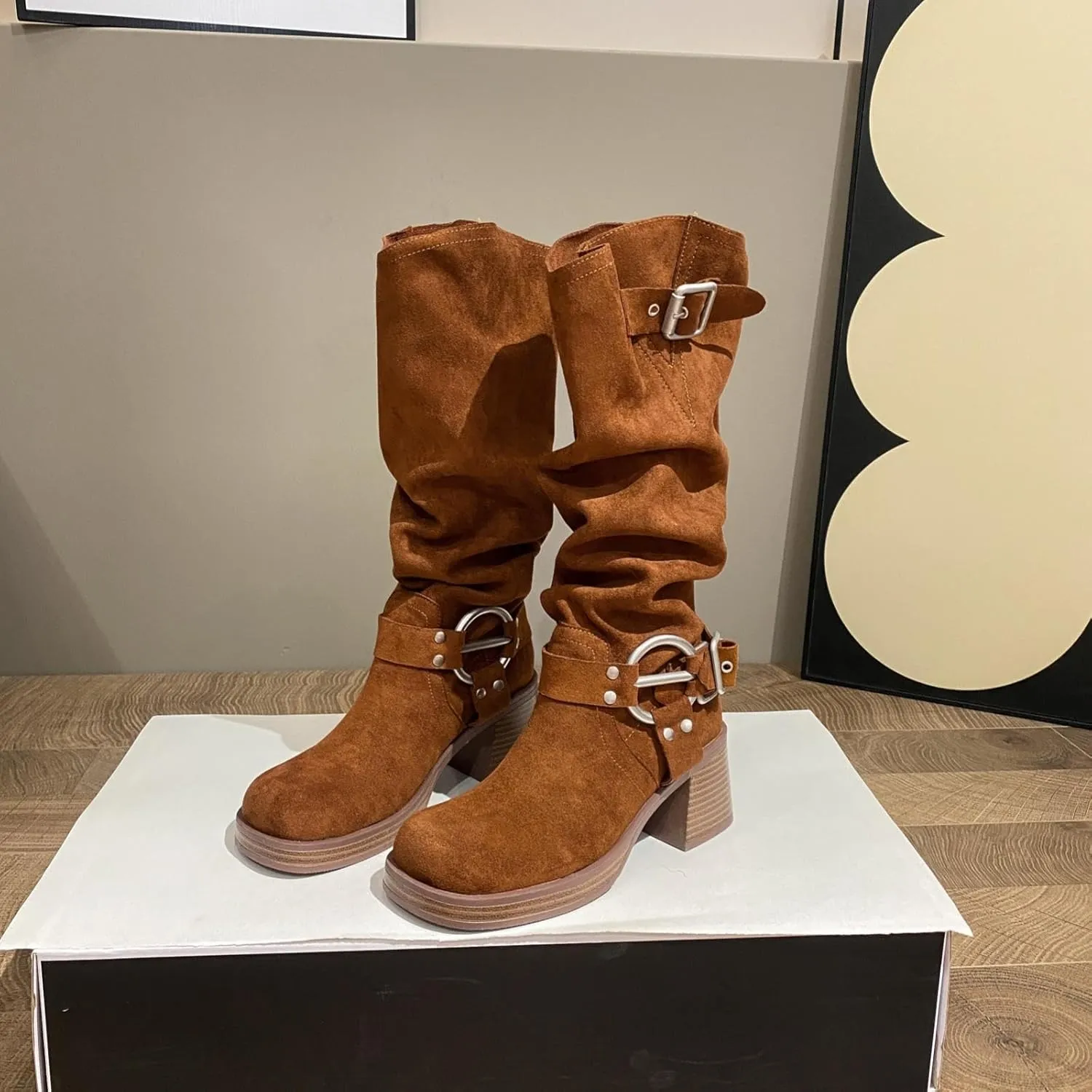GORBINETI Women's Cowboy Square Toe Slouchy Mid Calf Boots with Chunky Heels Metal Buckles Fashion Winter Dress Boots