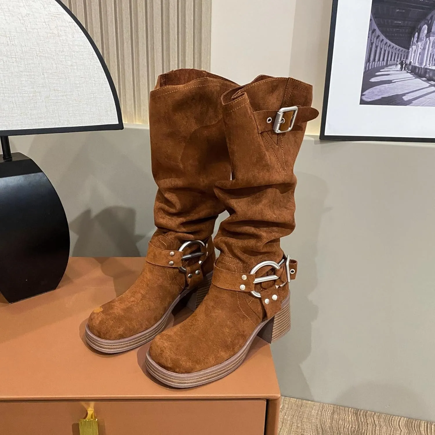 GORBINETI Women's Cowboy Square Toe Slouchy Mid Calf Boots with Chunky Heels Metal Buckles Fashion Winter Dress Boots