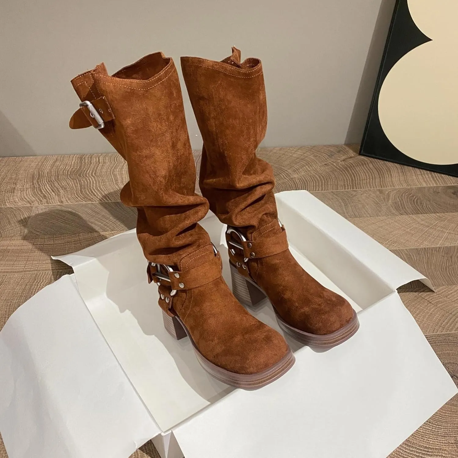 GORBINETI Women's Cowboy Square Toe Slouchy Mid Calf Boots with Chunky Heels Metal Buckles Fashion Winter Dress Boots