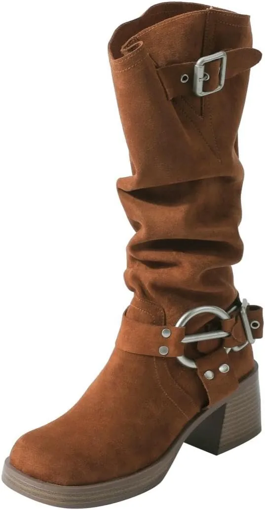 GORBINETI Women's Cowboy Square Toe Slouchy Mid Calf Boots with Chunky Heels Metal Buckles Fashion Winter Dress Boots