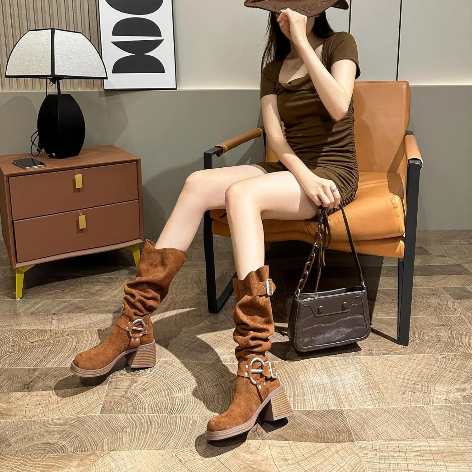 GORBINETI Women's Cowboy Square Toe Slouchy Mid Calf Boots with Chunky Heels Metal Buckles Fashion Winter Dress Boots