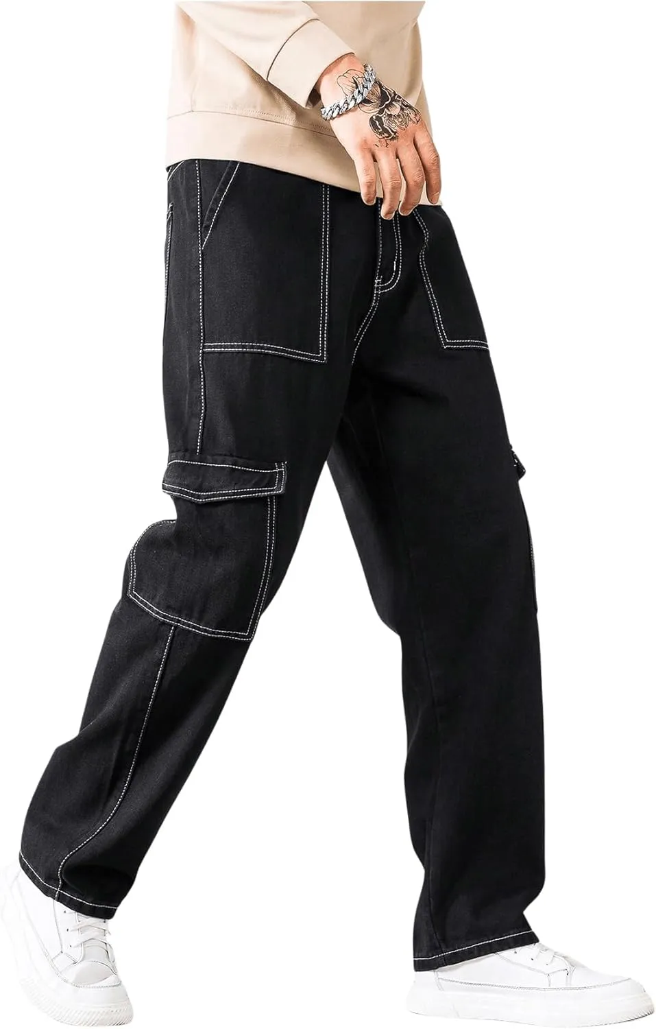 GORGLITTER Men's High Waist Baggy Jeans Wide Leg Denim Cargo Pants Contrast Stitching Skater Jeans Trousers