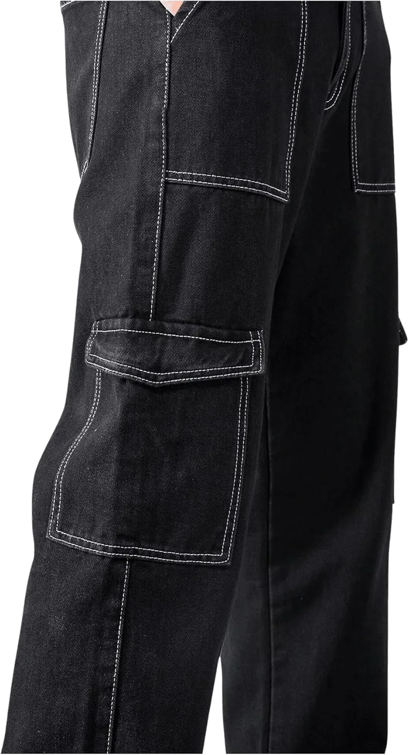 GORGLITTER Men's High Waist Baggy Jeans Wide Leg Denim Cargo Pants Contrast Stitching Skater Jeans Trousers