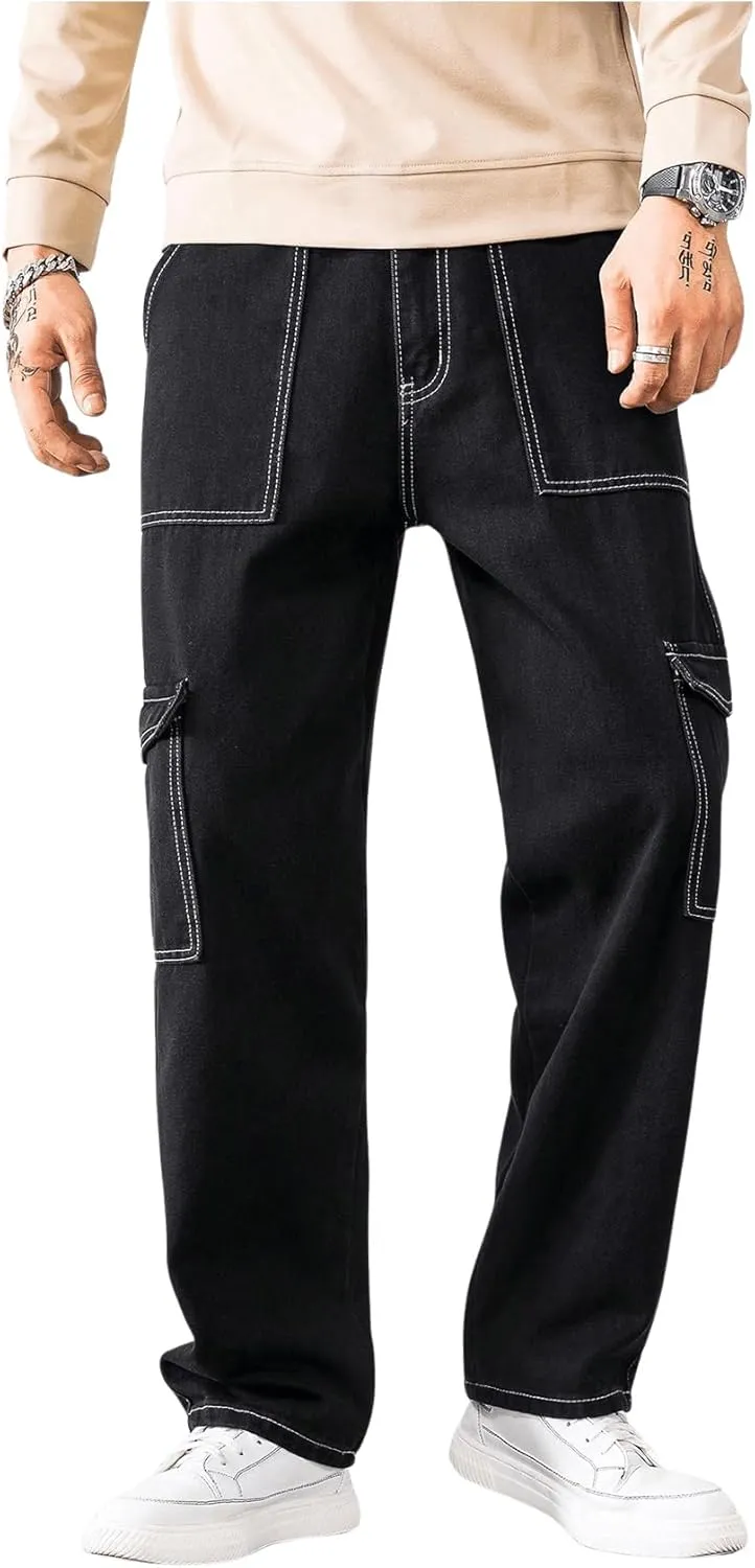 GORGLITTER Men's High Waist Baggy Jeans Wide Leg Denim Cargo Pants Contrast Stitching Skater Jeans Trousers