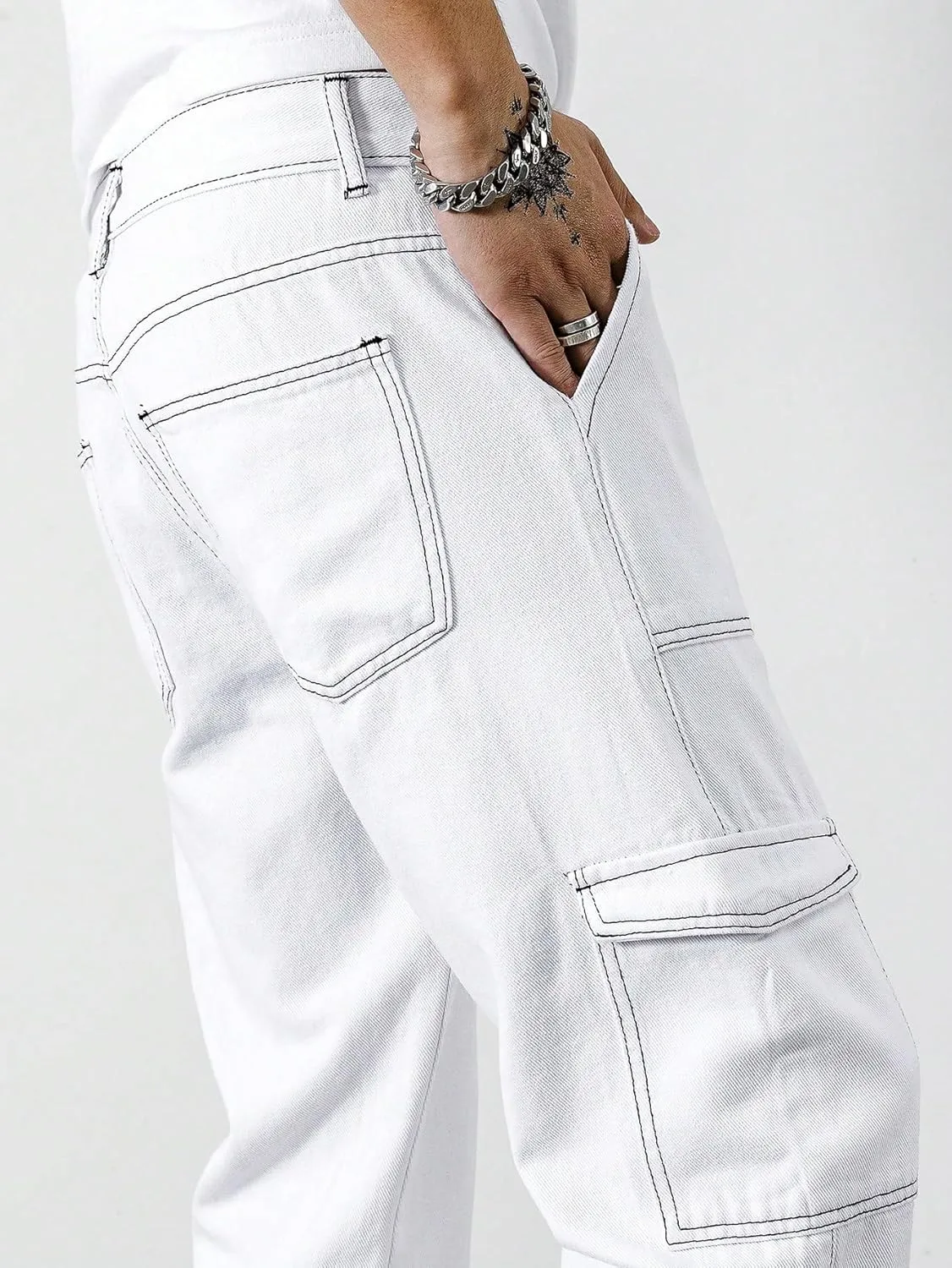 GORGLITTER Men's High Waist Baggy Jeans Wide Leg Denim Cargo Pants Contrast Stitching Skater Jeans Trousers
