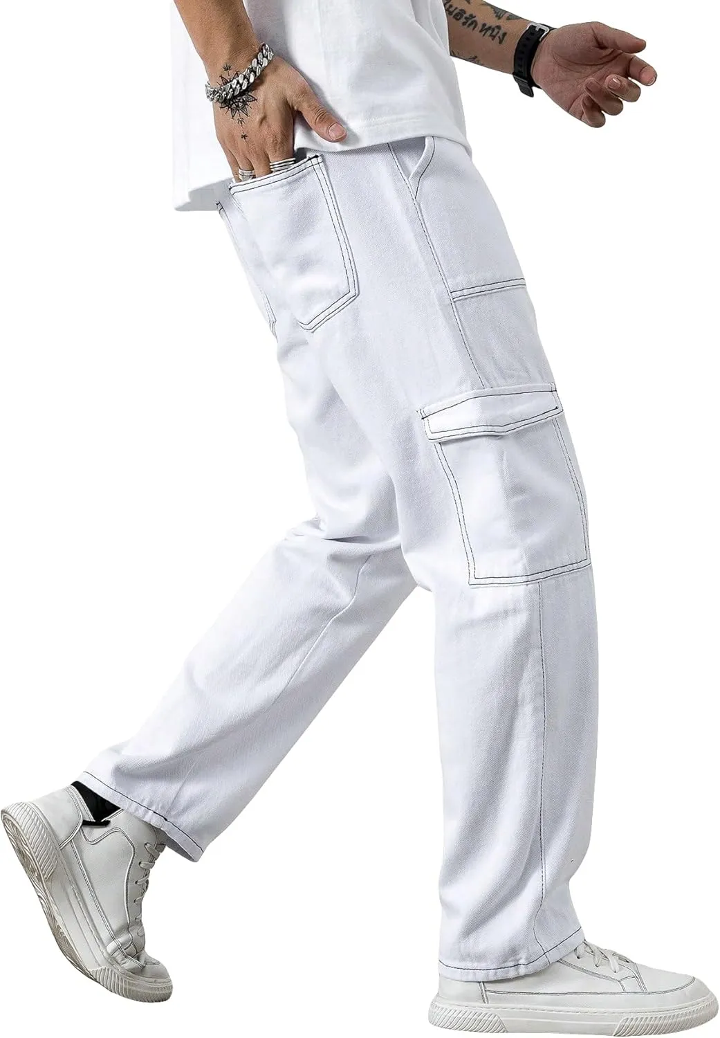 GORGLITTER Men's High Waist Baggy Jeans Wide Leg Denim Cargo Pants Contrast Stitching Skater Jeans Trousers