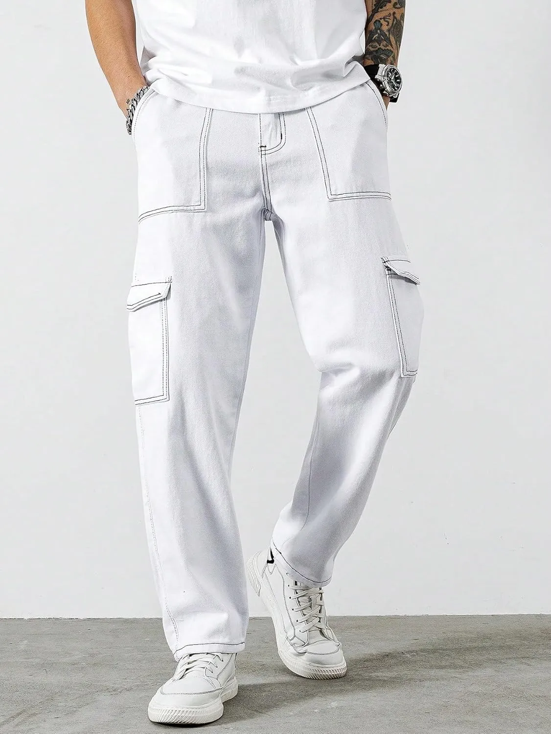 GORGLITTER Men's High Waist Baggy Jeans Wide Leg Denim Cargo Pants Contrast Stitching Skater Jeans Trousers