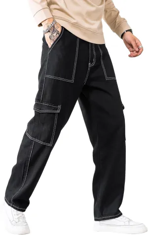 GORGLITTER Men's High Waist Baggy Jeans Wide Leg Denim Cargo Pants Contrast Stitching Skater Jeans Trousers