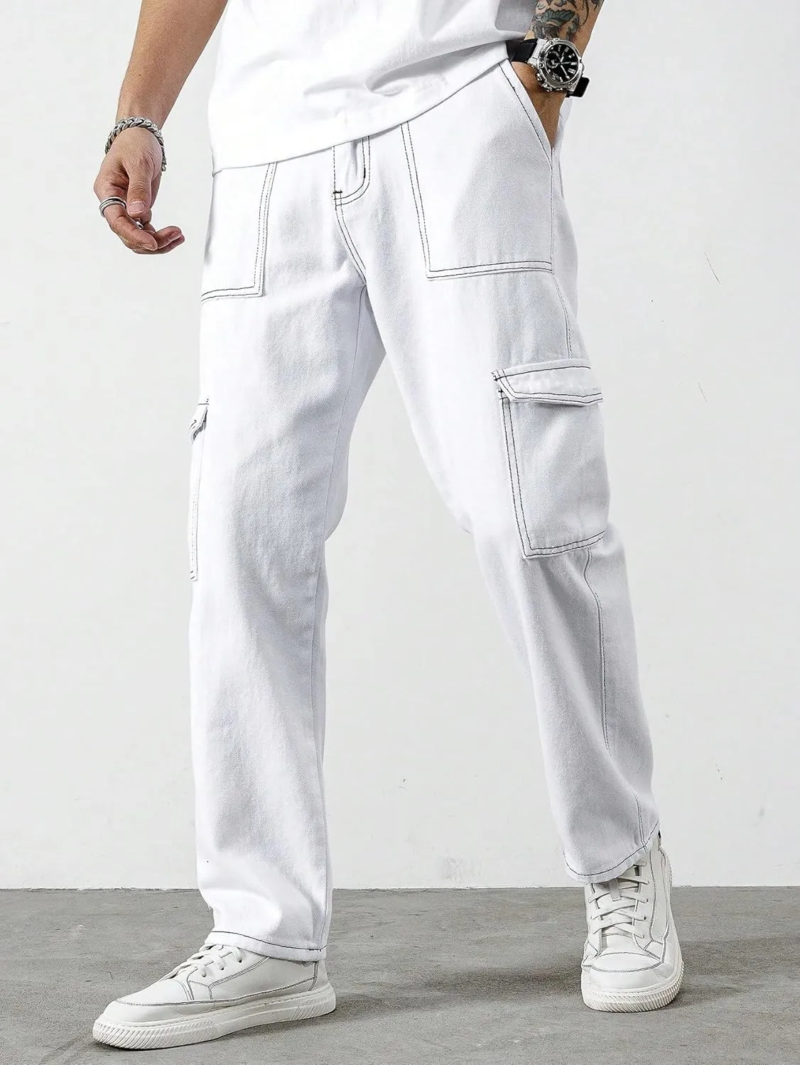 GORGLITTER Men's High Waist Baggy Jeans Wide Leg Denim Cargo Pants Contrast Stitching Skater Jeans Trousers