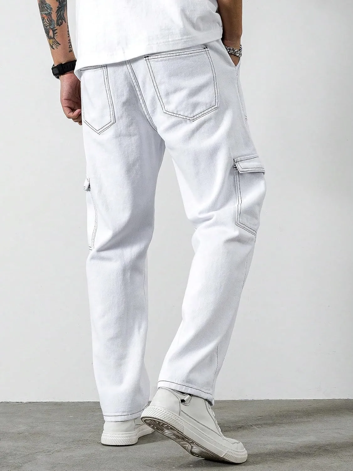 GORGLITTER Men's High Waist Baggy Jeans Wide Leg Denim Cargo Pants Contrast Stitching Skater Jeans Trousers
