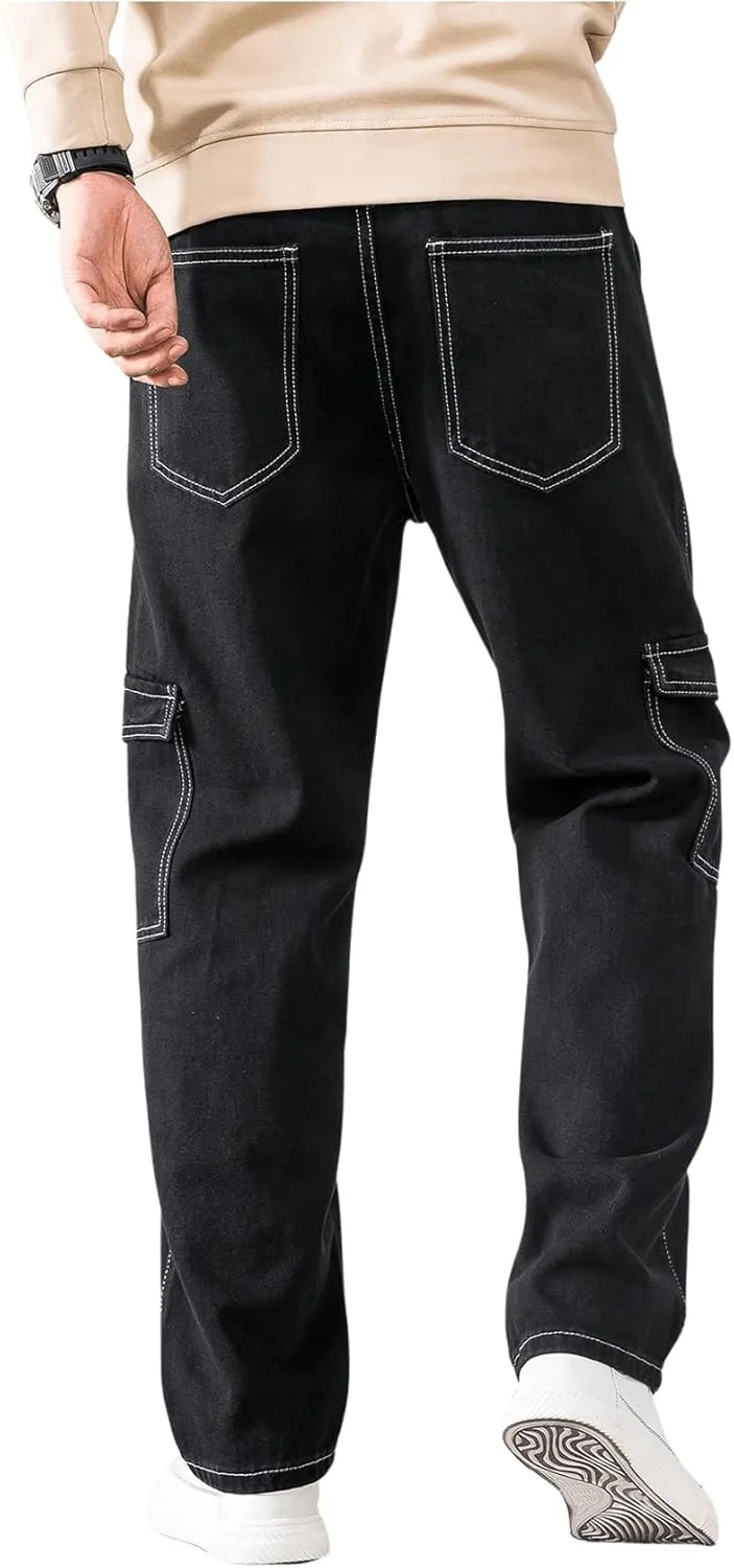 GORGLITTER Men's High Waist Baggy Jeans Wide Leg Denim Cargo Pants Contrast Stitching Skater Jeans Trousers