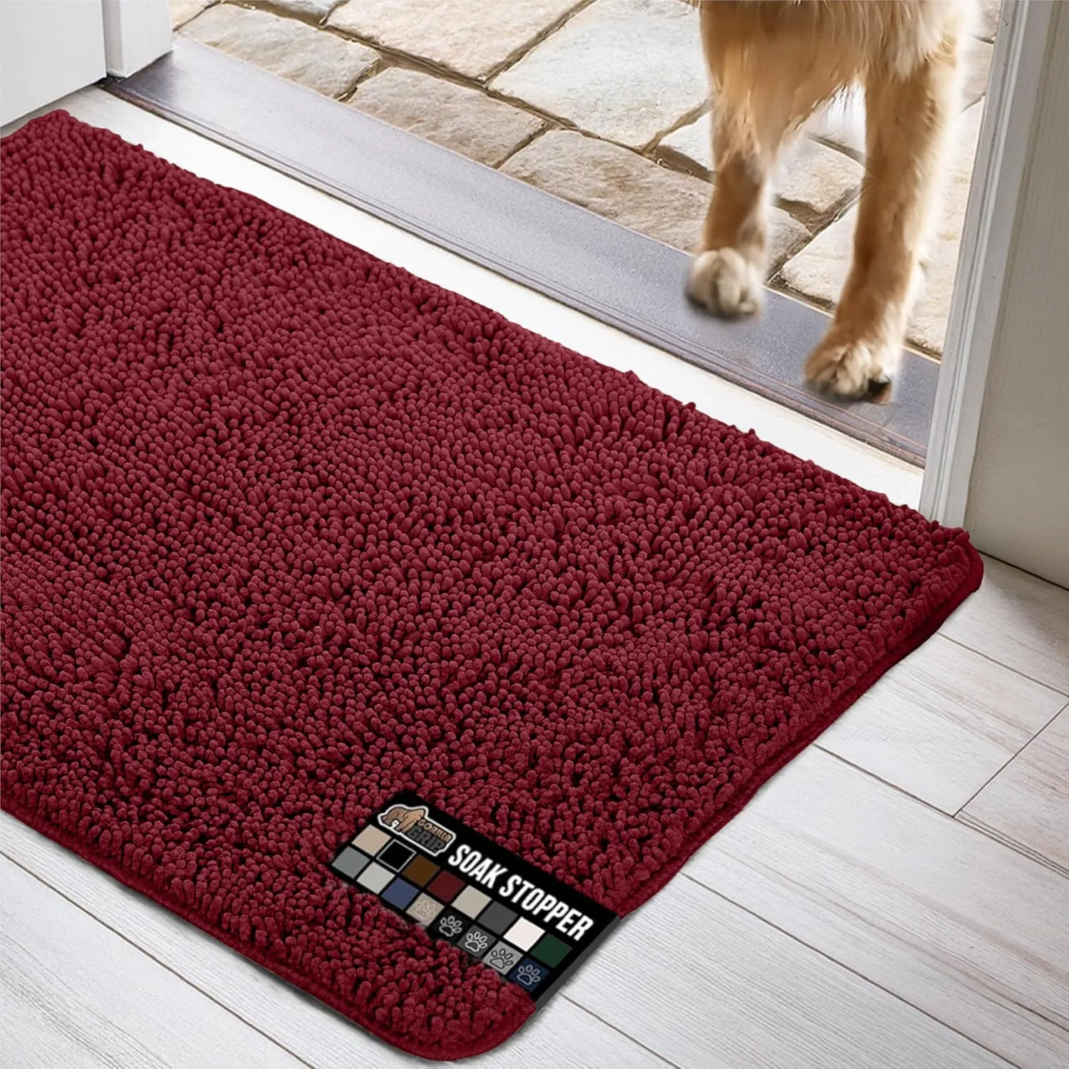 GORILLA GRIP Ultra Absorbent Grippy Doormat for Muddy Dog Paws, 60x36 Machine Washable Soakstopper Rugs Cleaner Floors, Bed Mat for Dirty Dogs, Indoor Entrance Door Rug Pet Bed Mats Burgundy
