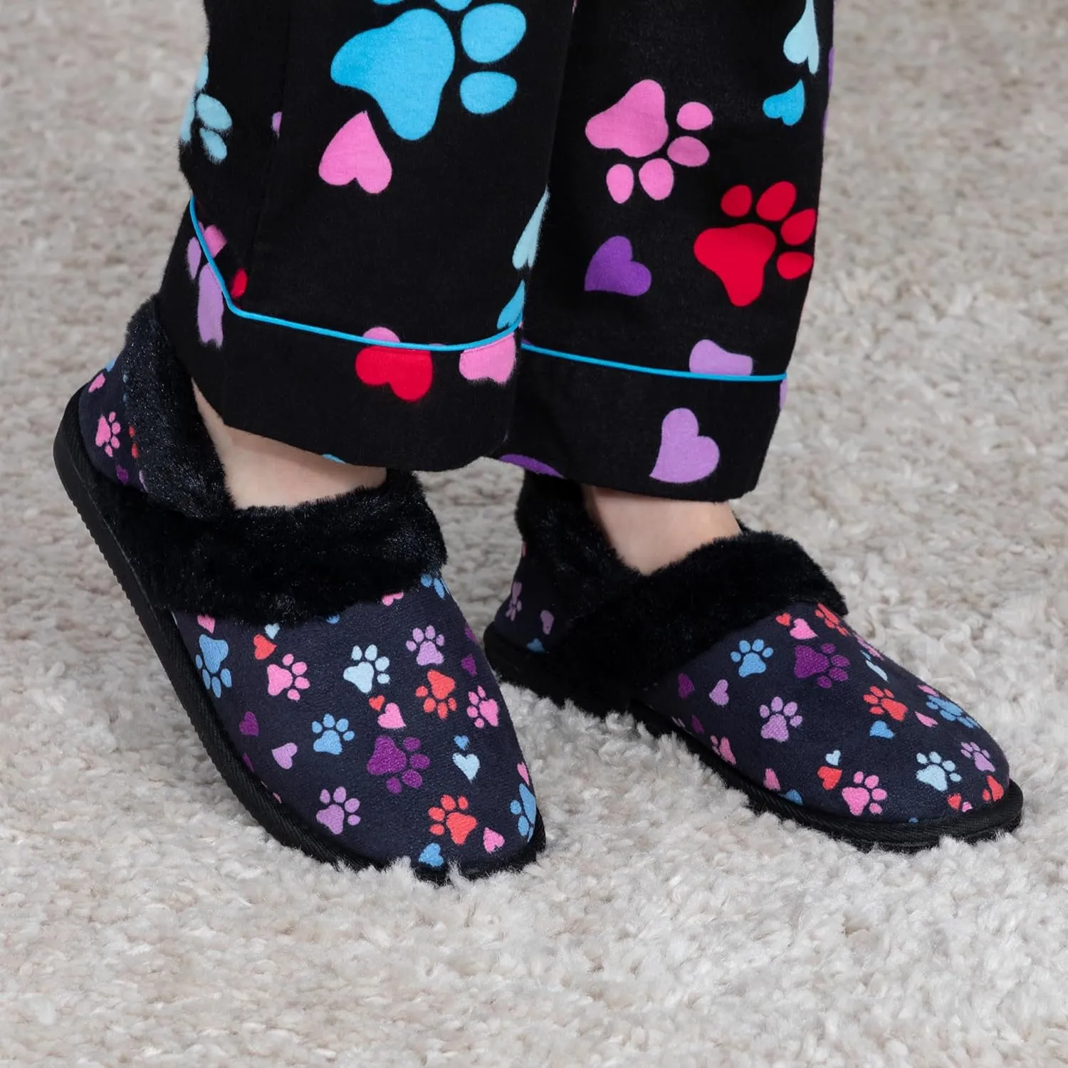 GreaterGood Paw Print Faux Fur Lined Indoor/Outdoor Slippers