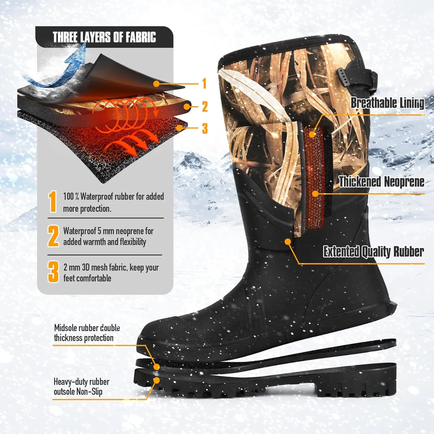 GUGULUZA Hunting Rubber Boots, Waterproof Hunting Boots with 6 mm Neoprene for Men, Insulated Rain Boots for Outdoors