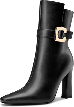 HDEUOLM Womens Chunky Block High Heel Square Toe Ankle Boots Short Bootie Mid Calf Boots Side Zipper Buckle Office Basic Classic Boots
