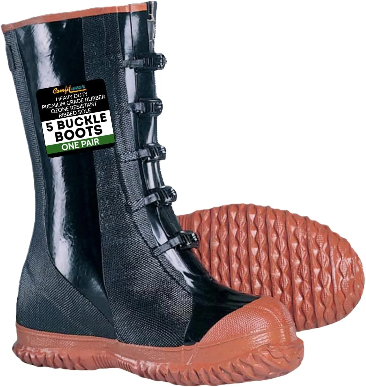 Heavy Duty Premium Grade Ozone Resistant Cotton Lined 5-Buckle Boots Rubber 1-Pair Safety Books Ribbed Sole Black