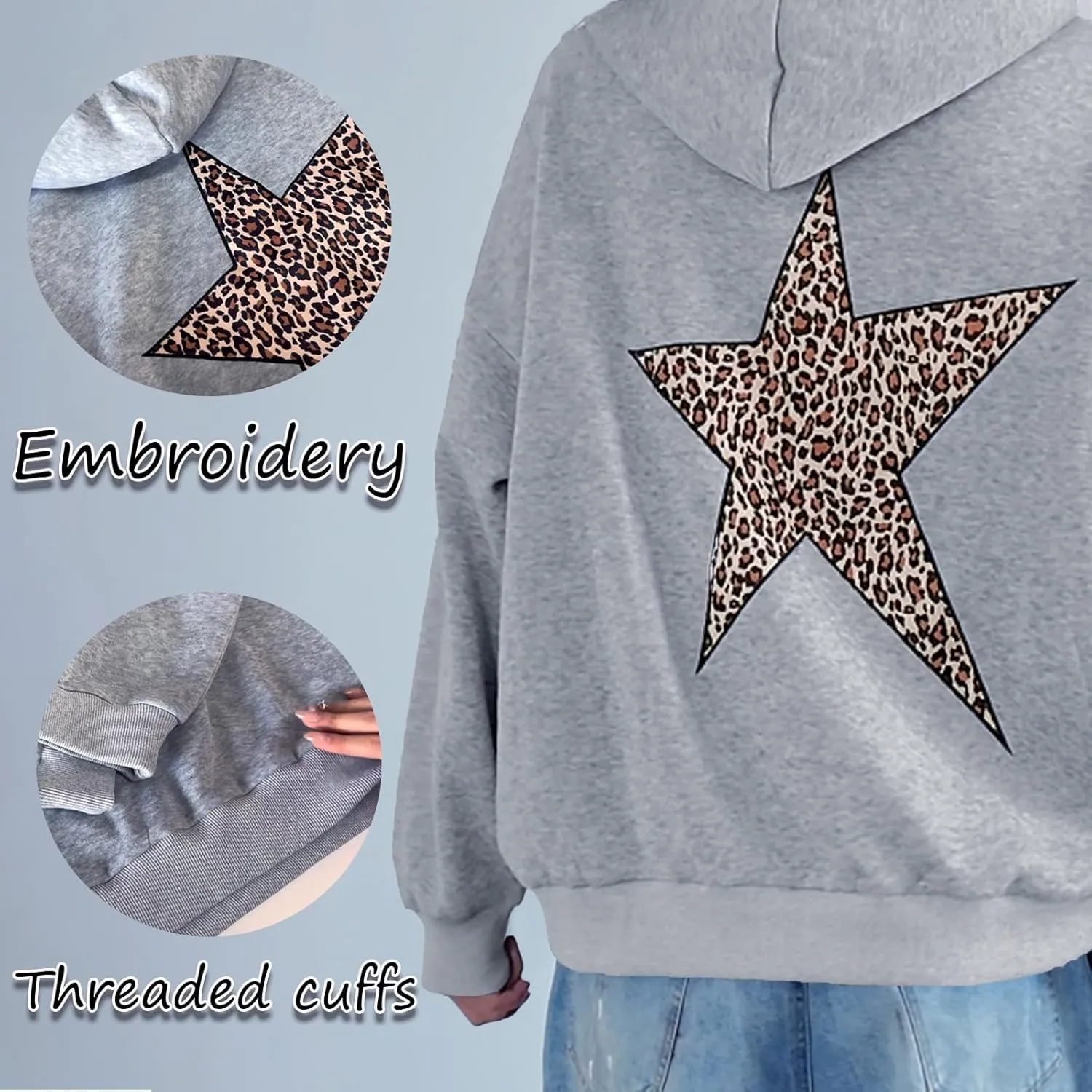heyheyshine Star Graphic Hoodies Oversized Y2k Leopard Print Hooded Sweatshirt Cheetah Hoodie Streetwear Unisex Pullover Tops