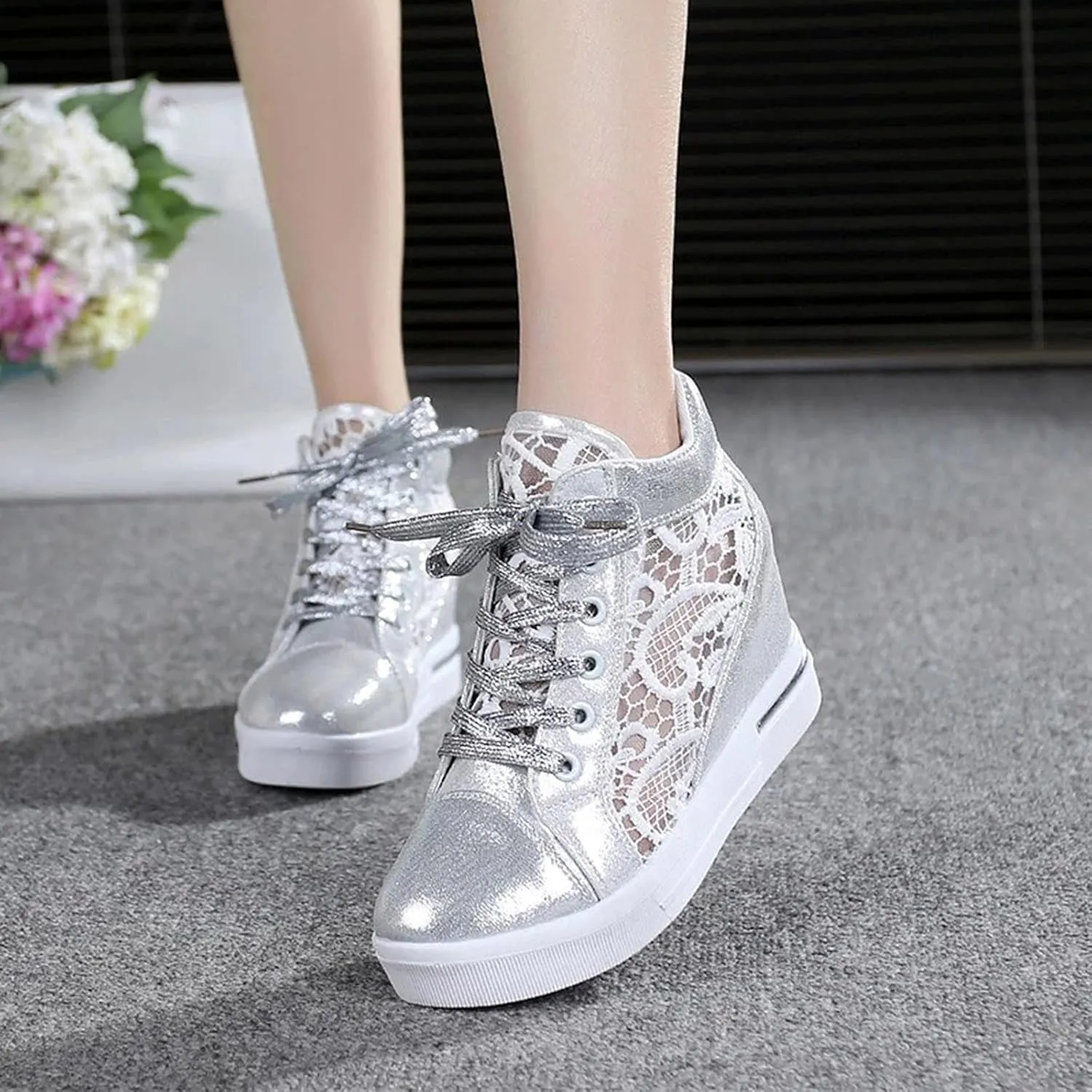 High Heeld Wedge Sneakers for Women Platform Hidden Heels White Sneakers Lace Crochet Lace Up Shoes Chunky Bottom High Top Canvas Shoes Mesh Casual Loafers Breathable, 6.5, Black-b