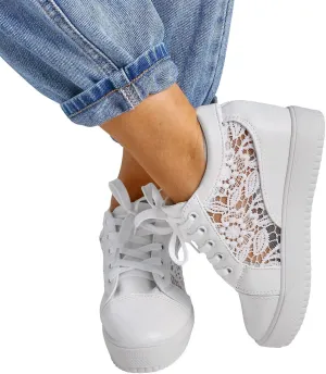 High Heeld Wedge Sneakers for Women Platform Hidden Heels White Sneakers Lace Crochet Lace Up Shoes Chunky Bottom High Top Canvas Shoes Mesh Casual Loafers Breathable, 6.5, Black-b