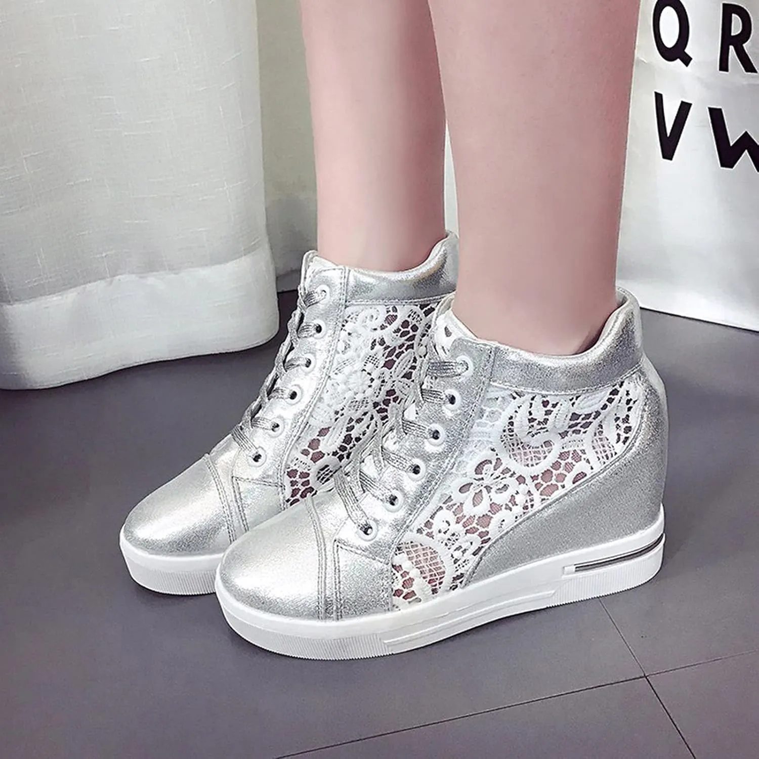 High Heeld Wedge Sneakers for Women Platform Hidden Heels White Sneakers Lace Crochet Lace Up Shoes Chunky Bottom High Top Canvas Shoes Mesh Casual Loafers Breathable, 6.5, Black-b
