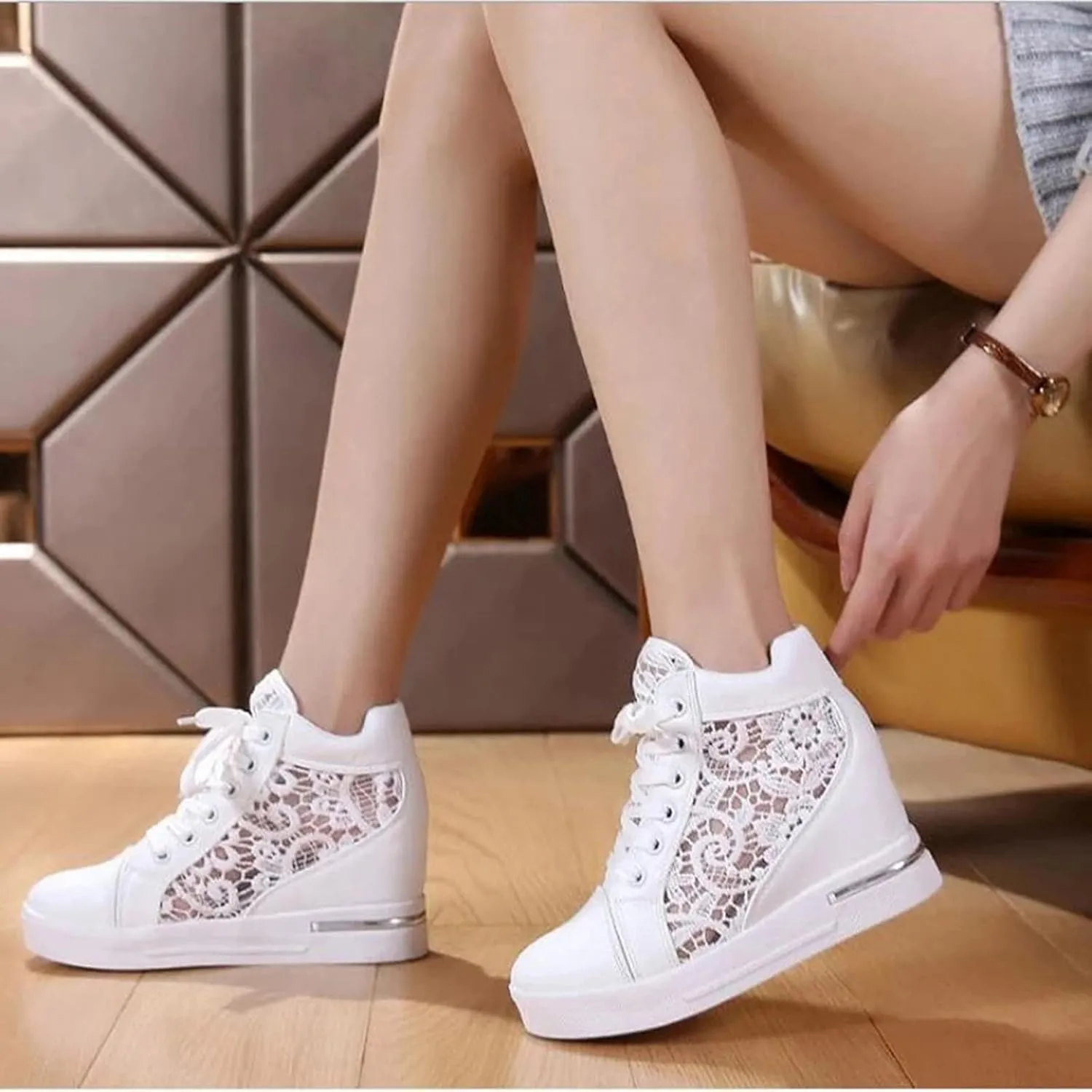 High Heeld Wedge Sneakers for Women Platform Hidden Heels White Sneakers Lace Crochet Lace Up Shoes Chunky Bottom High Top Canvas Shoes Mesh Casual Loafers Breathable, 6.5, Black-b