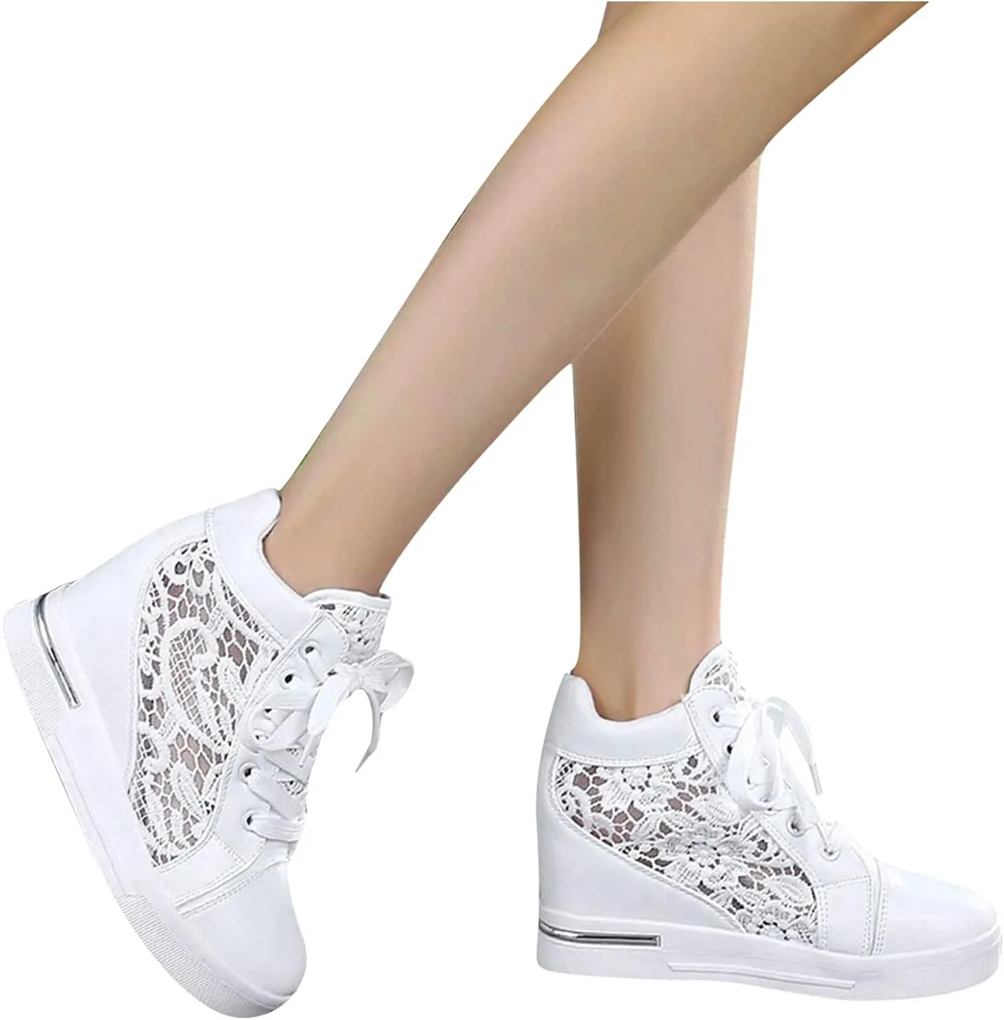 High Heeld Wedge Sneakers for Women Platform Hidden Heels White Sneakers Lace Crochet Lace Up Shoes Chunky Bottom High Top Canvas Shoes Mesh Casual Loafers Breathable, 6.5, Black-b