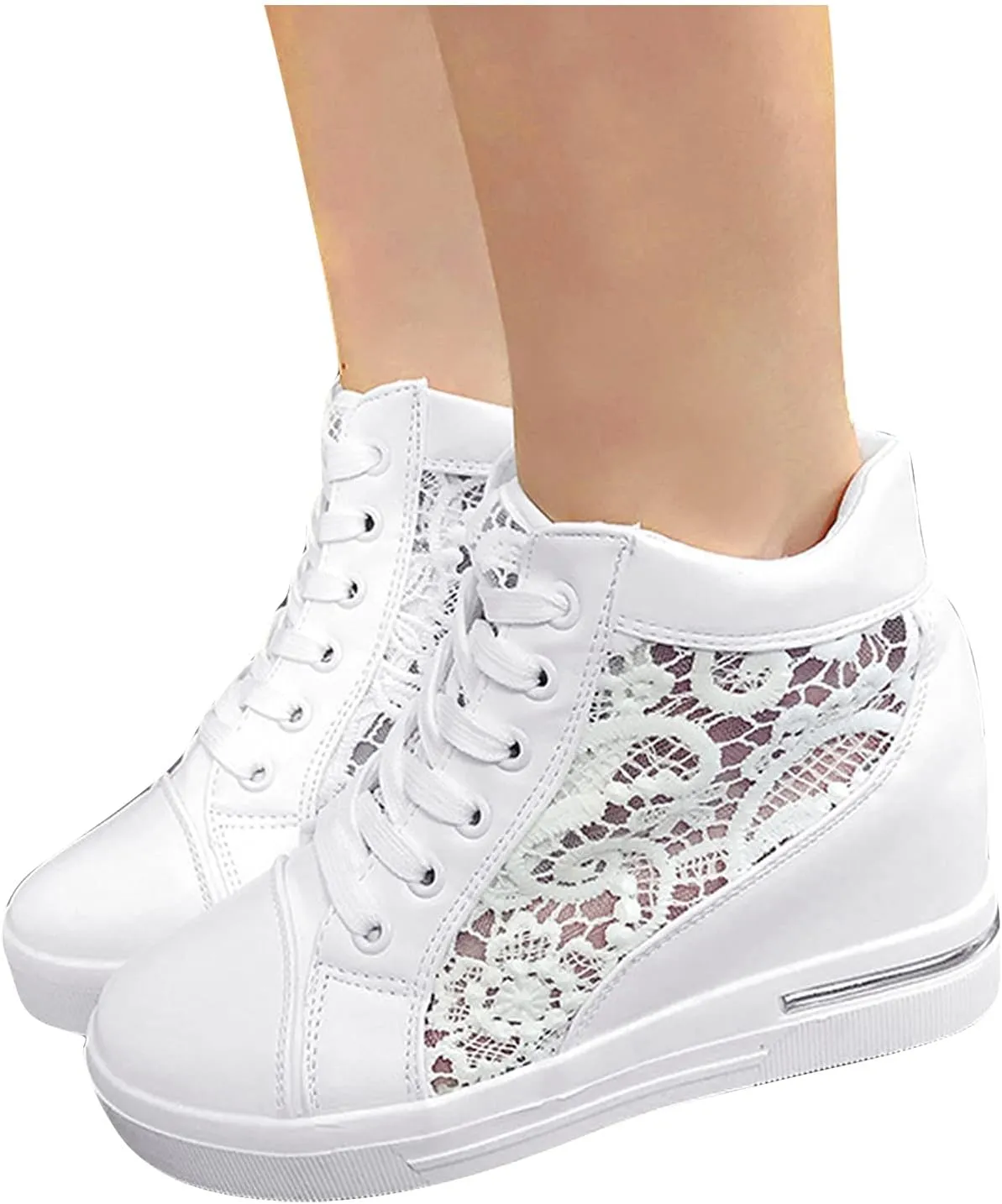 High Heeld Wedge Sneakers for Women Platform Hidden Heels White Sneakers Lace Crochet Lace Up Shoes Chunky Bottom High Top Canvas Shoes Mesh Casual Loafers Breathable, 6.5, Black-b