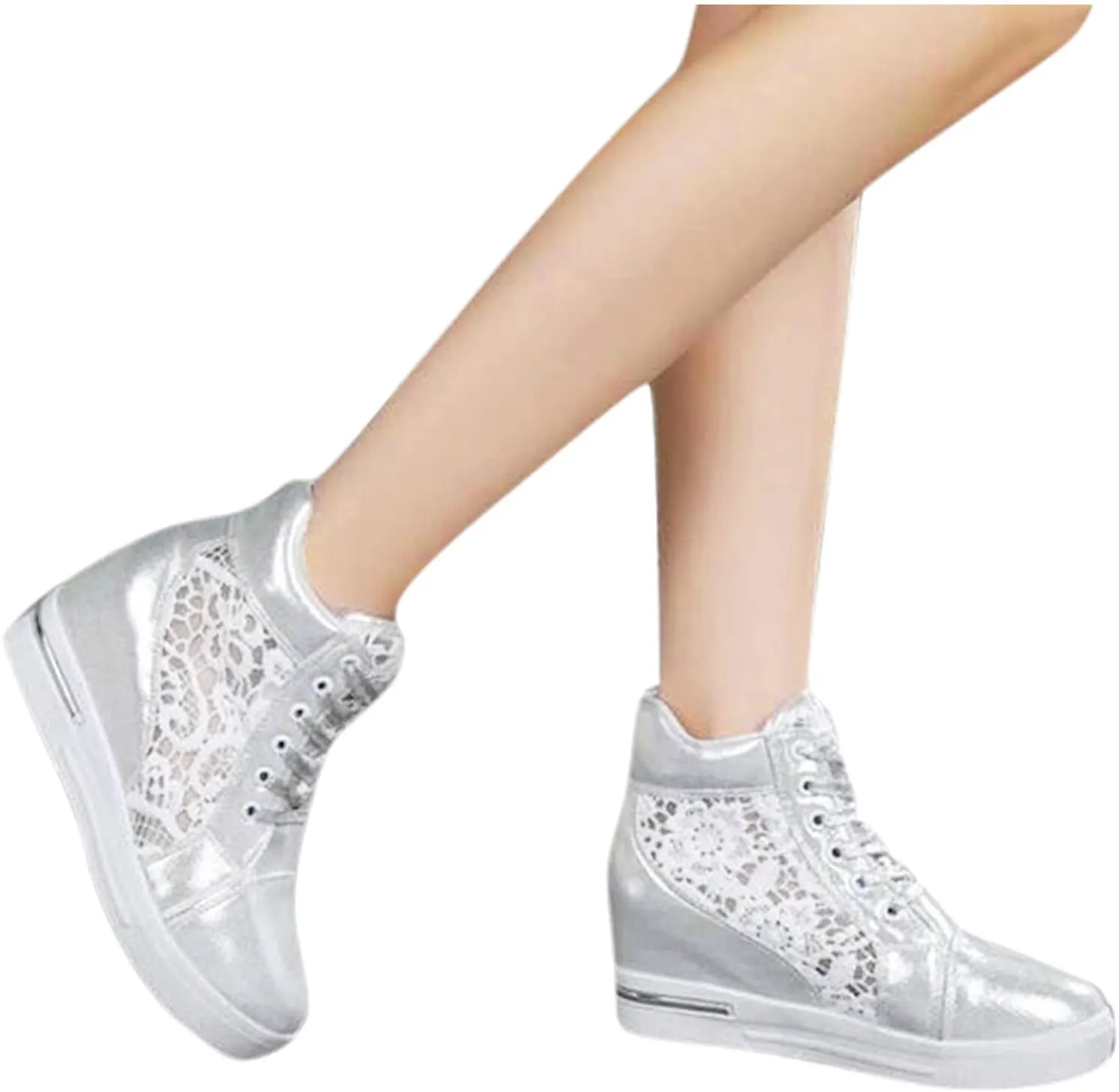 High Heeld Wedge Sneakers for Women Platform Hidden Heels White Sneakers Lace Crochet Lace Up Shoes Chunky Bottom High Top Canvas Shoes Mesh Casual Loafers Breathable, 6.5, Black-b