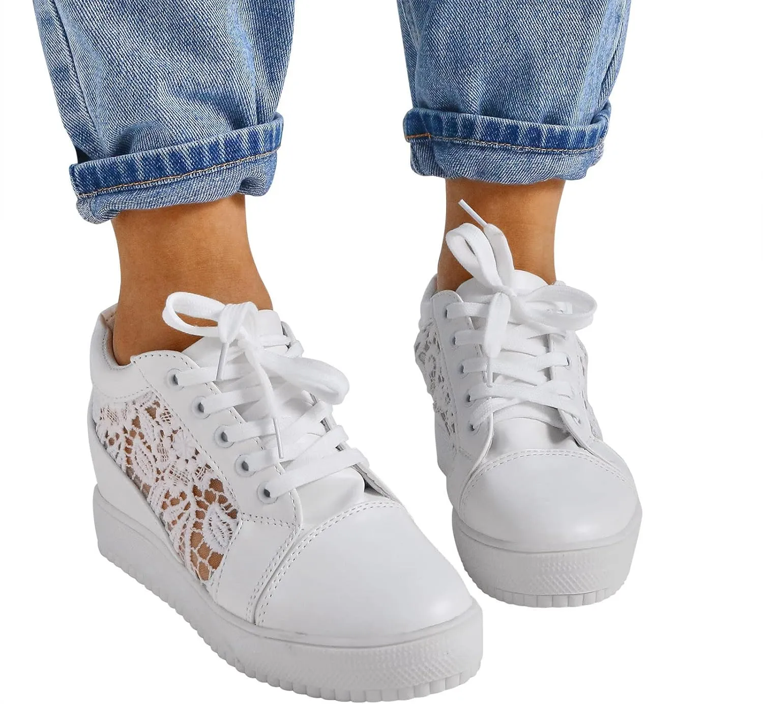 High Heeld Wedge Sneakers for Women Platform Hidden Heels White Sneakers Lace Crochet Lace Up Shoes Chunky Bottom High Top Canvas Shoes Mesh Casual Loafers Breathable, 6.5, Black-b