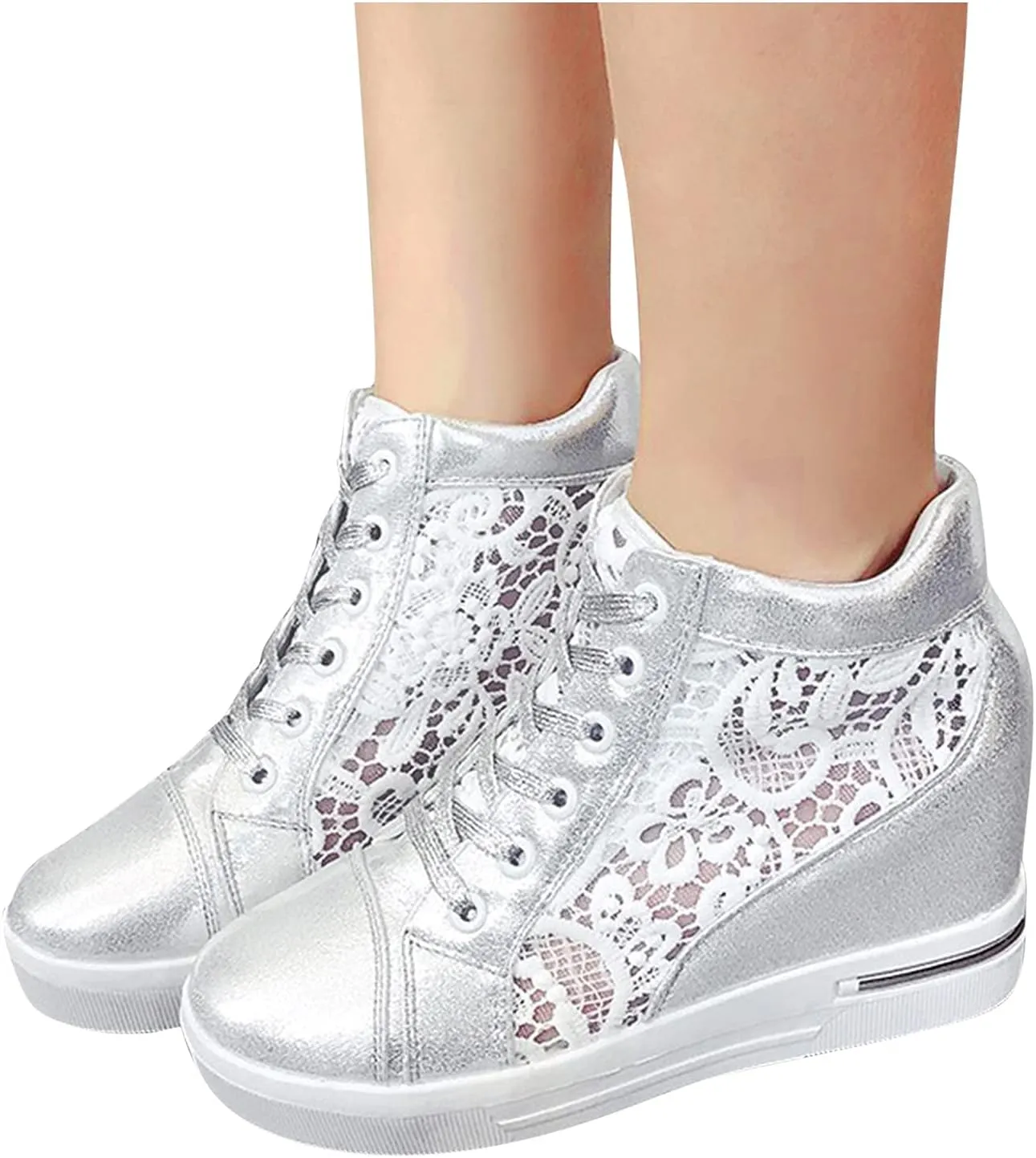 High Heeld Wedge Sneakers for Women Platform Hidden Heels White Sneakers Lace Crochet Lace Up Shoes Chunky Bottom High Top Canvas Shoes Mesh Casual Loafers Breathable, 6.5, Black-b