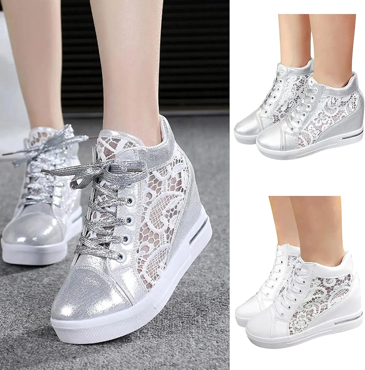 High Heeld Wedge Sneakers for Women Platform Hidden Heels White Sneakers Lace Crochet Lace Up Shoes Chunky Bottom High Top Canvas Shoes Mesh Casual Loafers Breathable, 6.5, Black-b