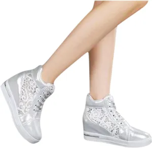 High Heeld Wedge Sneakers for Women Platform Hidden Heels White Sneakers Lace Crochet Lace Up Shoes Chunky Bottom High Top Canvas Shoes Mesh Casual Loafers Breathable, 6.5, Black-b