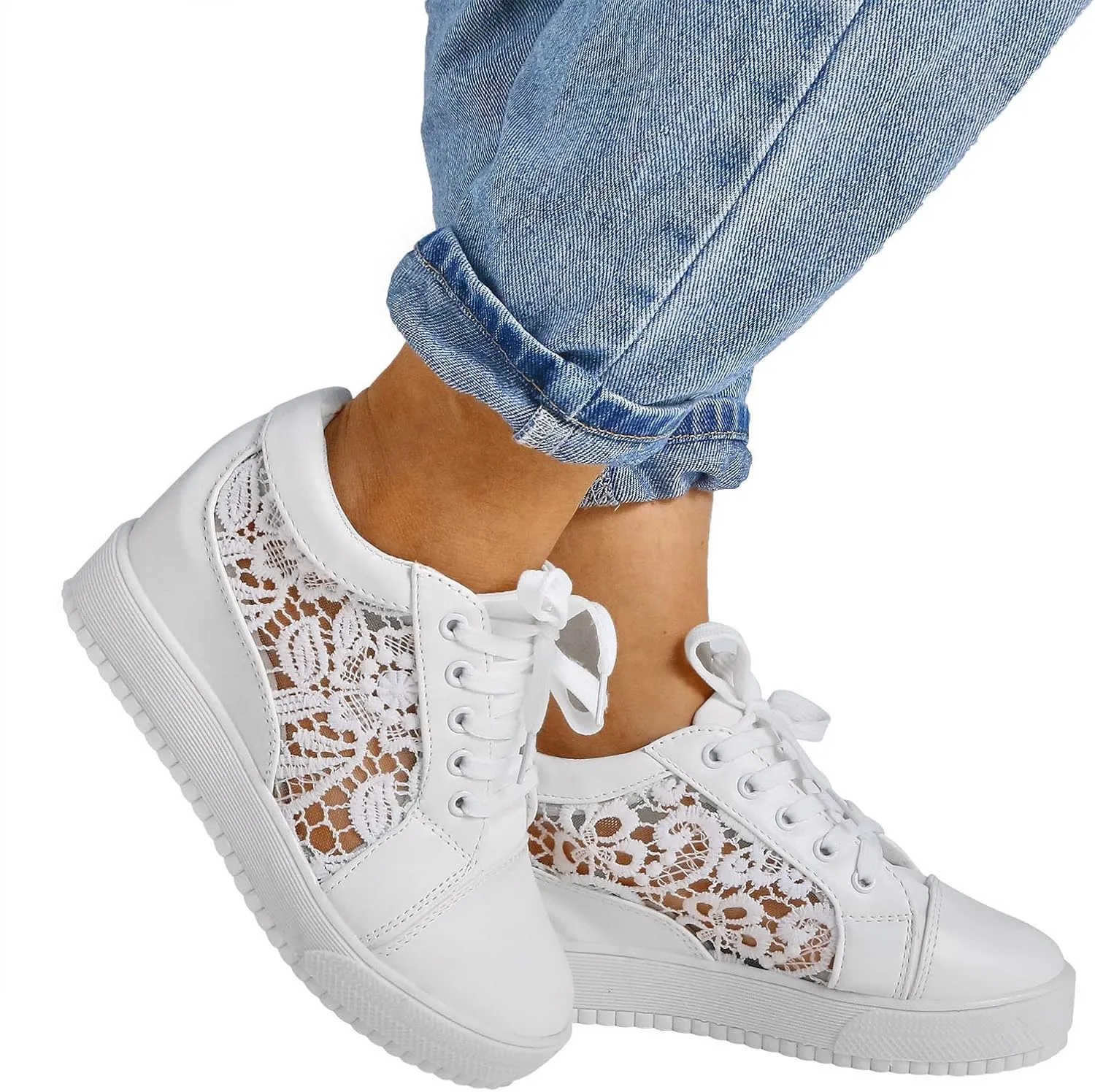 High Heeld Wedge Sneakers for Women Platform Hidden Heels White Sneakers Lace Crochet Lace Up Shoes Chunky Bottom High Top Canvas Shoes Mesh Casual Loafers Breathable, 6.5, Black-b