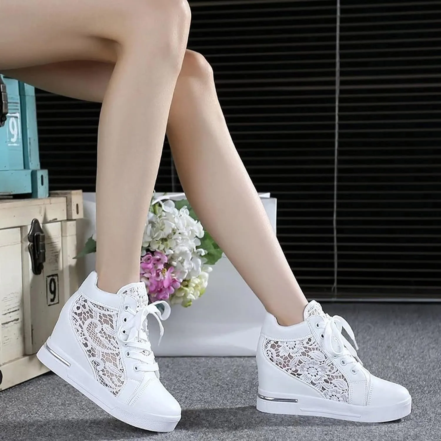 High Heeld Wedge Sneakers for Women Platform Hidden Heels White Sneakers Lace Crochet Lace Up Shoes Chunky Bottom High Top Canvas Shoes Mesh Casual Loafers Breathable, 6.5, Black-b