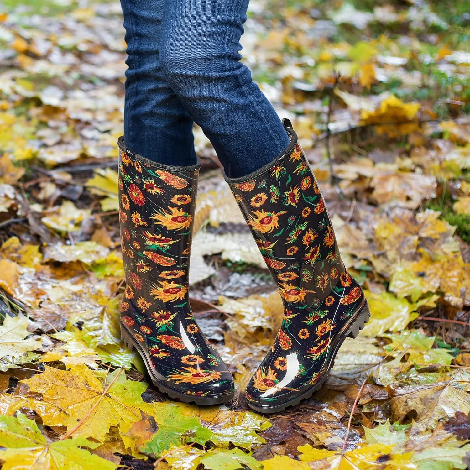 HISEA Women's Rain Boots Fashion Waterproof Garden Shoes Colorful Printed Rubber Boots Anti-Slipping Rainboots for Ladies with Comfort Insole Tall Knee High Outdoor Rain Shoes