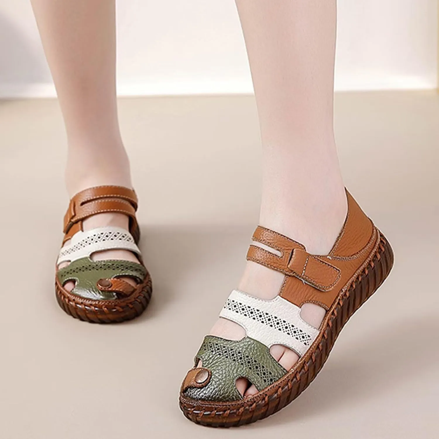 HNVAVQ Women's Closed Toe Sandals Leather Slip On Loafers Comfortable Casual Walking Flats Leather Work Shoes Fisherman Beach Sandals Ladies