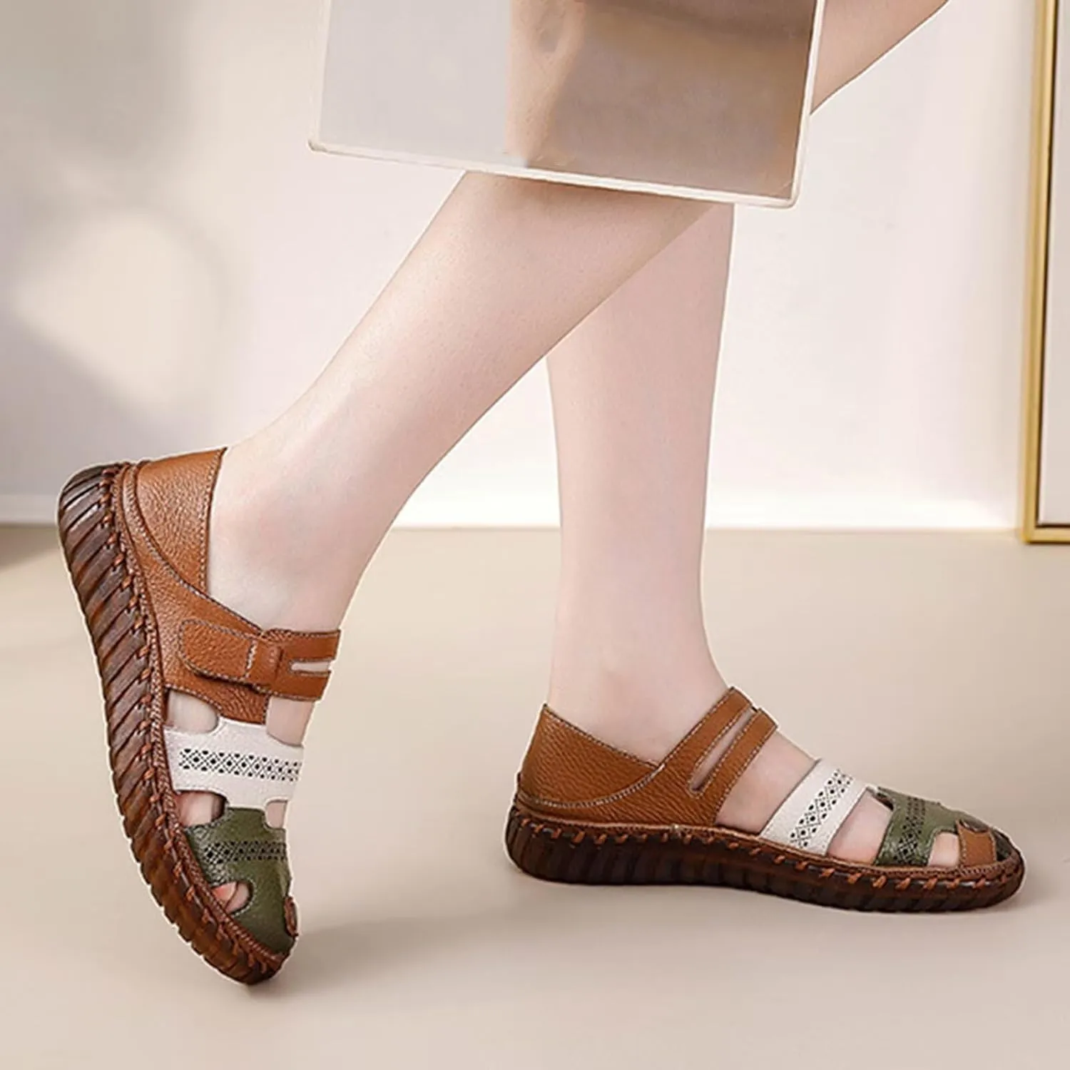 HNVAVQ Women's Closed Toe Sandals Leather Slip On Loafers Comfortable Casual Walking Flats Leather Work Shoes Fisherman Beach Sandals Ladies