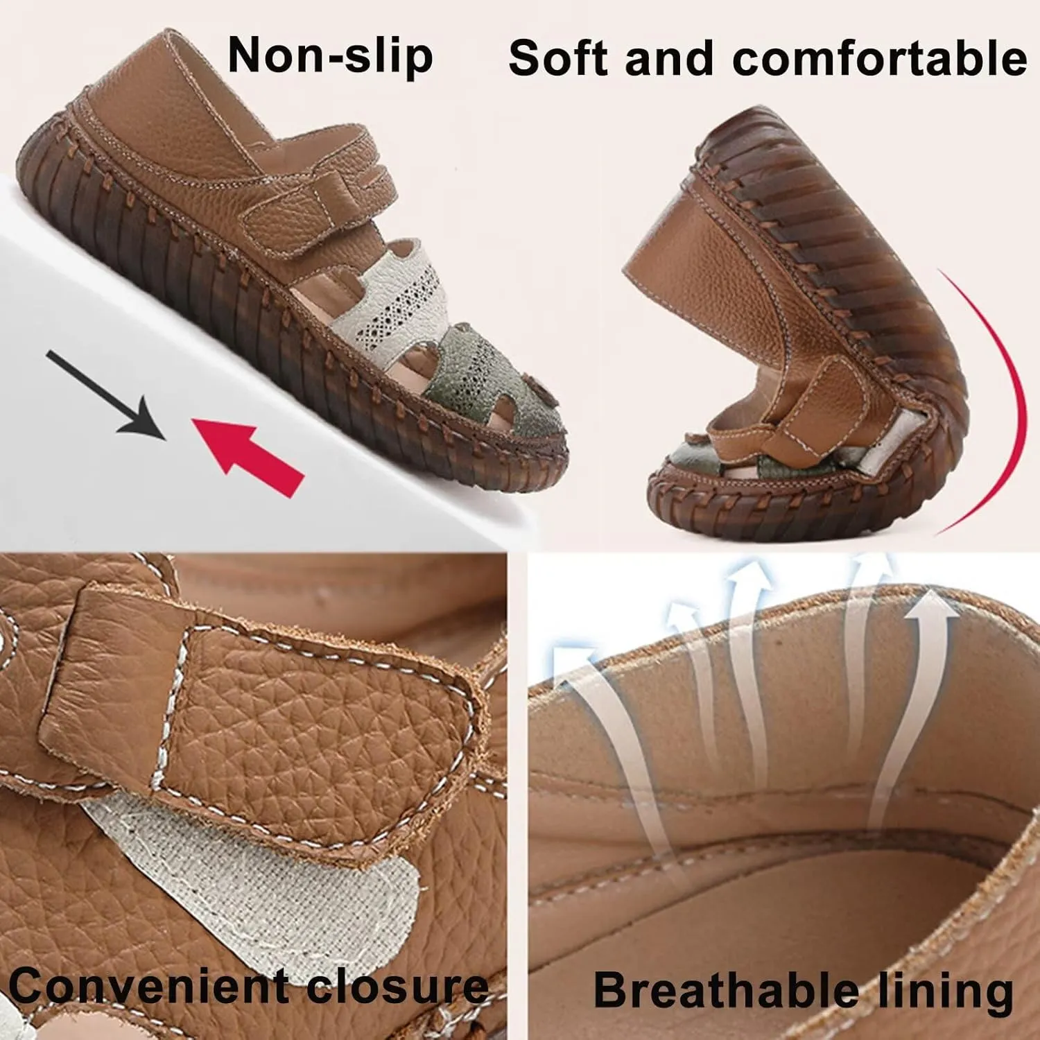 HNVAVQ Women's Closed Toe Sandals Leather Slip On Loafers Comfortable Casual Walking Flats Leather Work Shoes Fisherman Beach Sandals Ladies