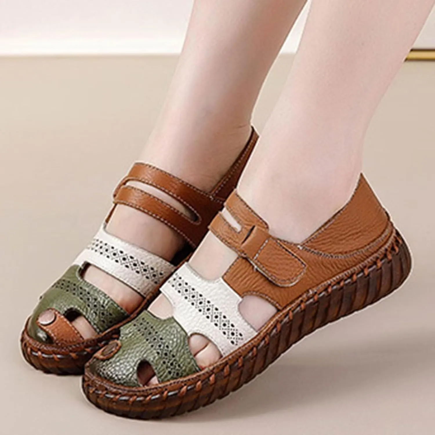 HNVAVQ Women's Closed Toe Sandals Leather Slip On Loafers Comfortable Casual Walking Flats Leather Work Shoes Fisherman Beach Sandals Ladies