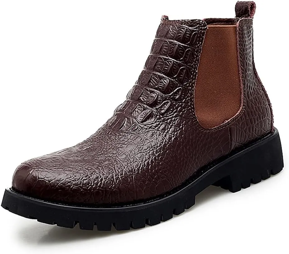 HOOENG Chelsea Boots for Men Crocodile Print Elastic Bandage Cowhide Leather Waterproof Slip on Wearable Non Slip Casual (Color : Brown, Size : 9)