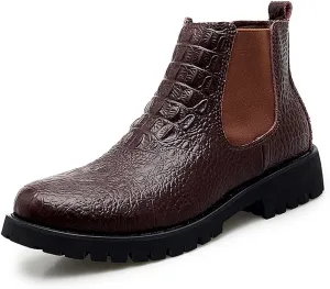 HOOENG Chelsea Boots for Men Crocodile Print Elastic Bandage Cowhide Leather Waterproof Slip on Wearable Non Slip Casual (Color : Brown, Size : 9)