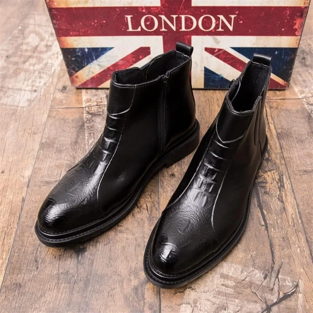 HOOENG Chelsea Boots for Men Crocodile Print Side Zip PU Wearable Anti-Slip Waterproof Formal Classic