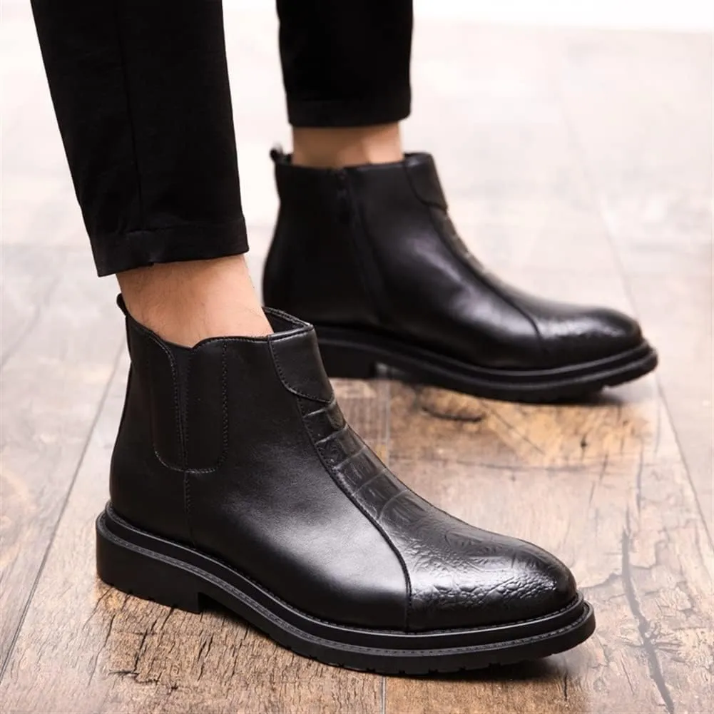 HOOENG Chelsea Boots for Men Crocodile Print Side Zip PU Wearable Anti-Slip Waterproof Formal Classic