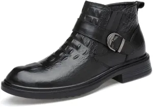 HOOENG Chelsea Boots for Men Crocodile Print with Buckle Genuine Leather Non Slip on Waterproof Wearable Anti-Slip Formal Dress (Color : Black Lined, Size : 10.5)
