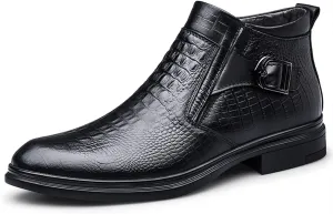 HOOENG Chelsea Boots for Men Crocodile Print with Buckle with Zipper Cowhide Leather Wearable Non Slip Anti-Slip Waterproof Slip on Classic Dress