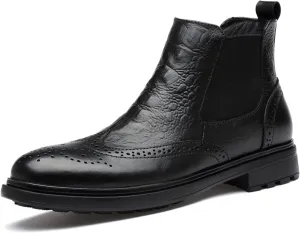 HOOENG Chelsea Boots for Men Elastic Bandage Carved Brogue Win Tip Crocodile Print Cowhide Leather Non Slip Wearable Anti-Slip Slip on Formal (Color : Black Lined, Size : 6)