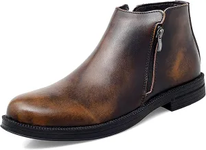 HOOENG Round Toe Ankle Boots for Men Double Side Zip Retro Cowhide Leather Slip on Waterproof Wearable Non Slip Work Fashion (Color : Brown, Size : 10)